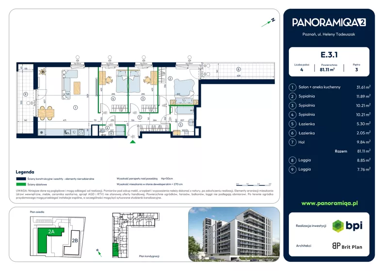 4 pokoje, mieszkanie 81,11 m², piętro 3, oferta nr E-3-1, Panoramiqa II, Poznań, Rataje, Starołęka, ul. Heleny Tadeuszak