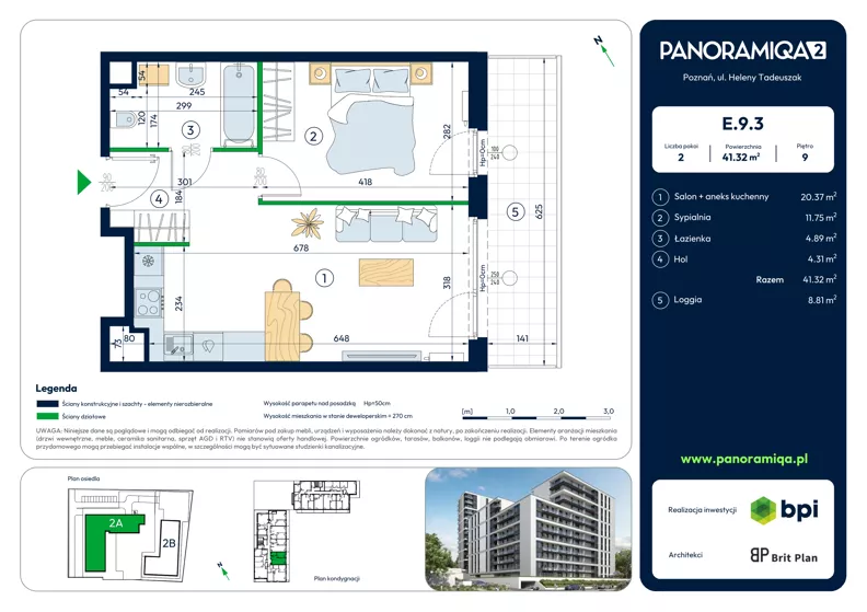 2 pokoje, mieszkanie 41,32 m², piętro 9, oferta nr E-9-3, Panoramiqa II, Poznań, Rataje, Starołęka, ul. Heleny Tadeuszak