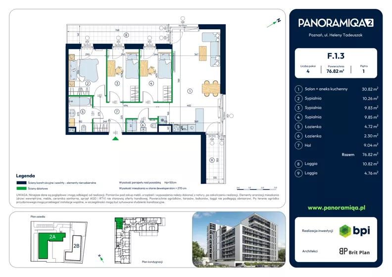 4 pokoje, mieszkanie 76,82 m², piętro 1, oferta nr F-1-3, Panoramiqa II, Poznań, Rataje, Starołęka, ul. Heleny Tadeuszak