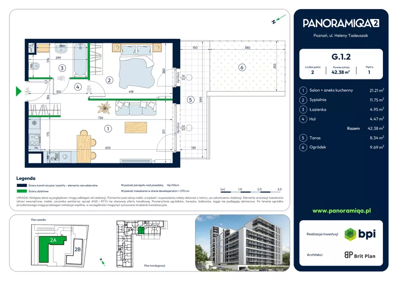 2 pokoje, mieszkanie 42,38 m², piętro 1, oferta nr G-1-2, Panoramiqa II, Poznań, Rataje, Starołęka, ul. Heleny Tadeuszak