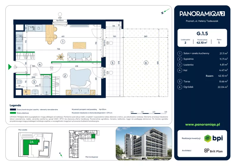 2 pokoje, mieszkanie 42,10 m², piętro 1, oferta nr G-1-5, Panoramiqa II, Poznań, Rataje, Starołęka, ul. Heleny Tadeuszak