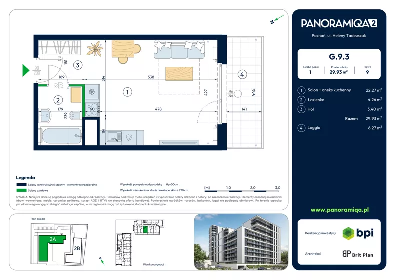 1 pokój, mieszkanie 29,93 m², piętro 9, oferta nr G-9-3, Panoramiqa II, Poznań, Rataje, Starołęka, ul. Heleny Tadeuszak