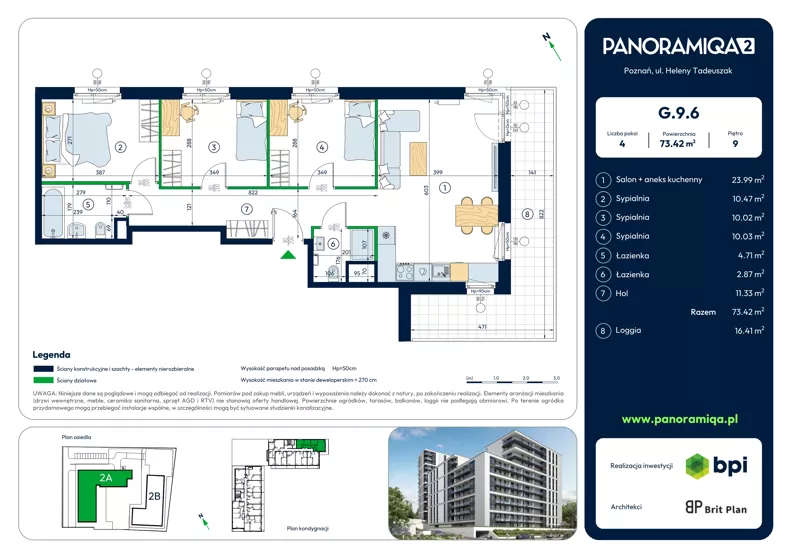 4 pokoje, mieszkanie 73,42 m², piętro 9, oferta nr G-9-6, Panoramiqa II, Poznań, Rataje, Starołęka, ul. Heleny Tadeuszak