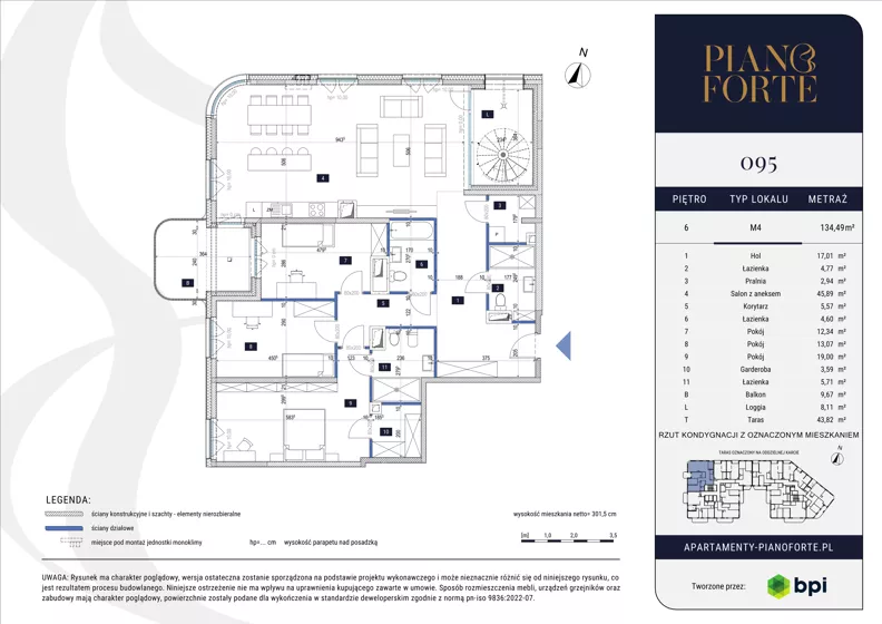 4 pokoje, apartament 134,33 m², piętro 6, oferta nr PF-M-06.095, PianoForte, Warszawa, Mokotów, Sielce, ul. Zajączkowska 3