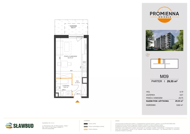 1 pokój, mieszkanie 29,55 m², parter, oferta nr 9, Osiedle Promienna, Marki,  ul. Słoneczna 1C