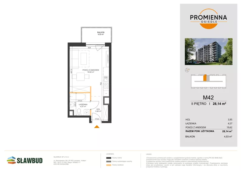 1 pokój, mieszkanie 28,14 m², piętro 2, oferta nr 42, Osiedle Promienna, Marki,  ul. Słoneczna 1C
