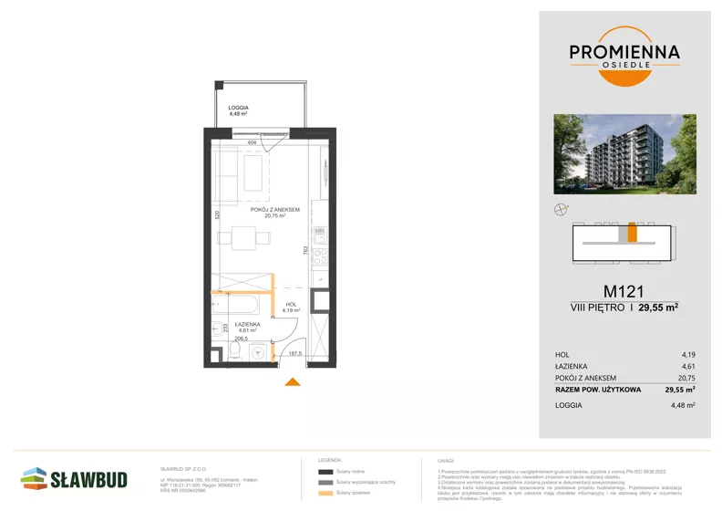 1 pokój, mieszkanie 29,55 m², piętro 8, oferta nr 121, Osiedle Promienna, Marki,  ul. Słoneczna 1C