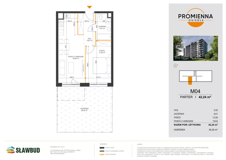 2 pokoje, mieszkanie 42,24 m², parter, oferta nr 4, Osiedle Promienna, Marki,  ul. Słoneczna 1C