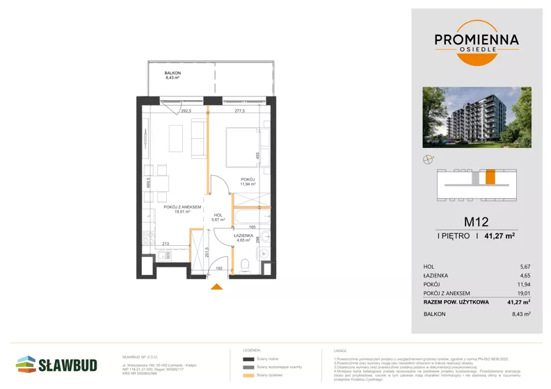 2 pokoje, mieszkanie 41,27 m², piętro 1, oferta nr 12, Osiedle Promienna, Marki,  ul. Słoneczna 1C