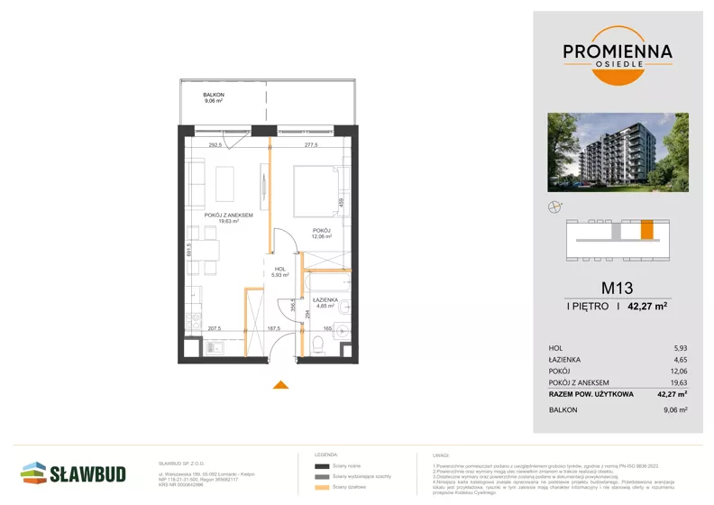 2 pokoje, mieszkanie 42,27 m², piętro 1, oferta nr 13, Osiedle Promienna, Marki,  ul. Słoneczna 1C