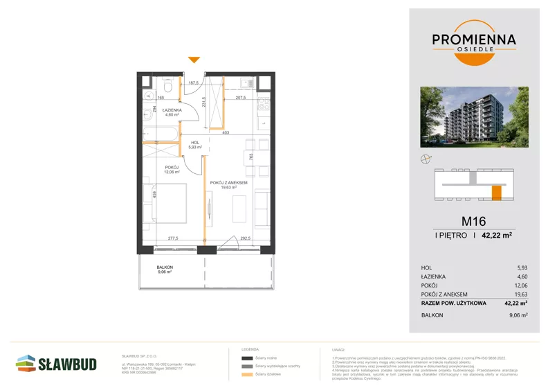 2 pokoje, mieszkanie 42,22 m², piętro 1, oferta nr 16, Osiedle Promienna, Marki,  ul. Słoneczna 1C