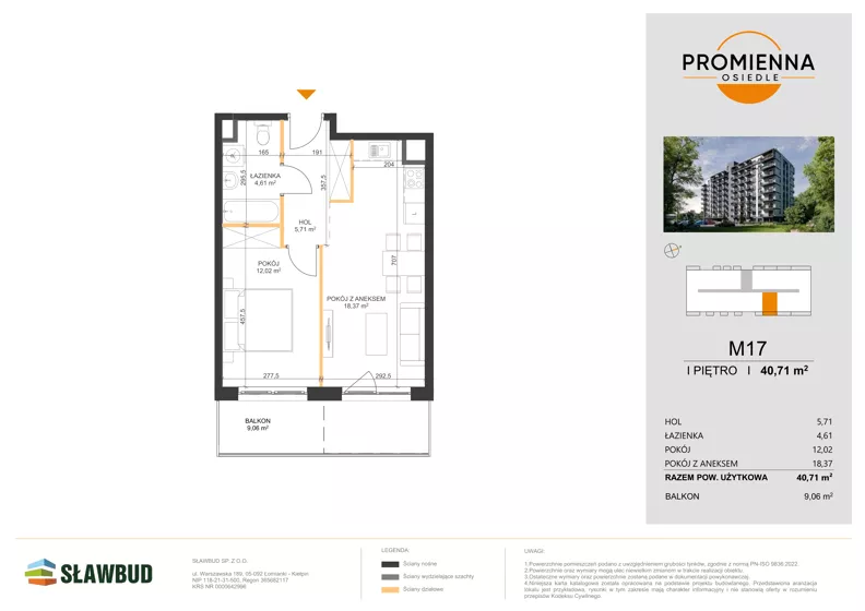 2 pokoje, mieszkanie 40,71 m², piętro 1, oferta nr 17, Osiedle Promienna, Marki,  ul. Słoneczna 1C
