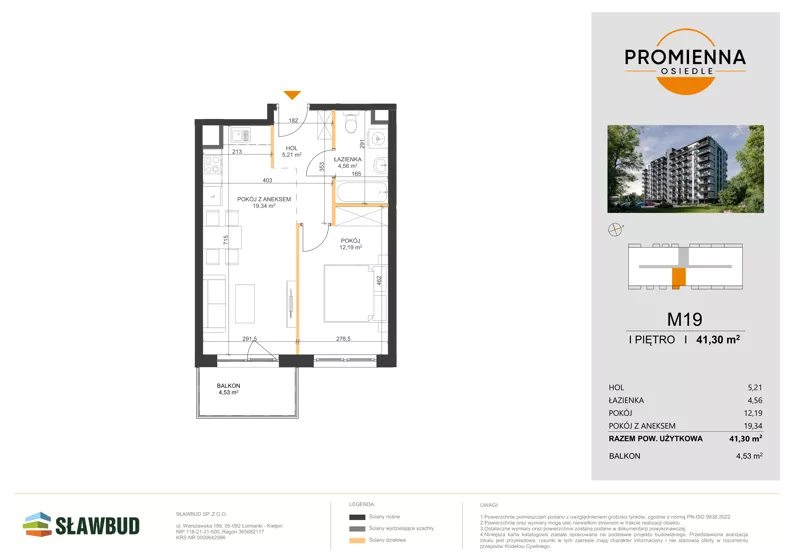 2 pokoje, mieszkanie 41,30 m², piętro 1, oferta nr 19, Osiedle Promienna, Marki,  ul. Słoneczna 1C