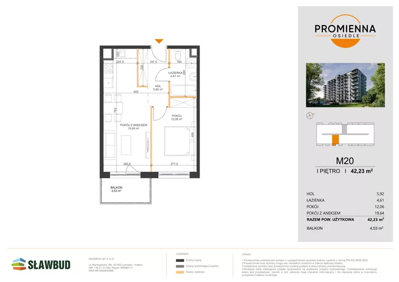 2 pokoje, mieszkanie 42,23 m², piętro 1, oferta nr 20, Osiedle Promienna, Marki,  ul. Słoneczna 1C