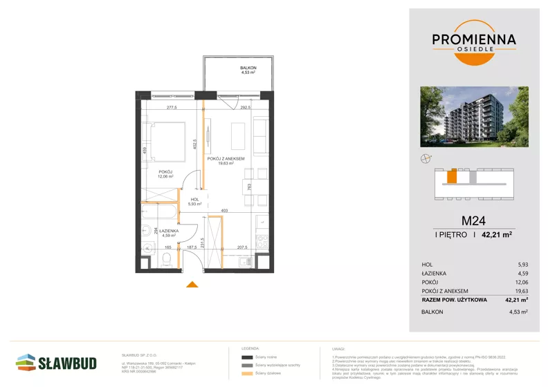 2 pokoje, mieszkanie 42,21 m², piętro 1, oferta nr 24, Osiedle Promienna, Marki,  ul. Słoneczna 1C
