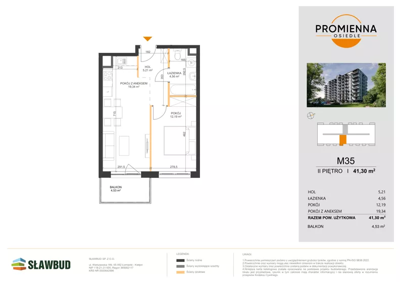 2 pokoje, mieszkanie 41,30 m², piętro 2, oferta nr 35, Osiedle Promienna, Marki,  ul. Słoneczna 1C