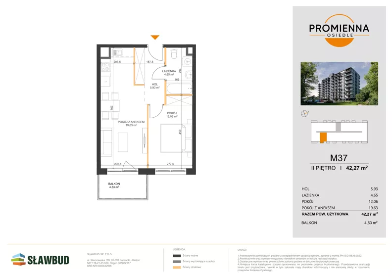 2 pokoje, mieszkanie 42,27 m², piętro 2, oferta nr 37, Osiedle Promienna, Marki,  ul. Słoneczna 1C