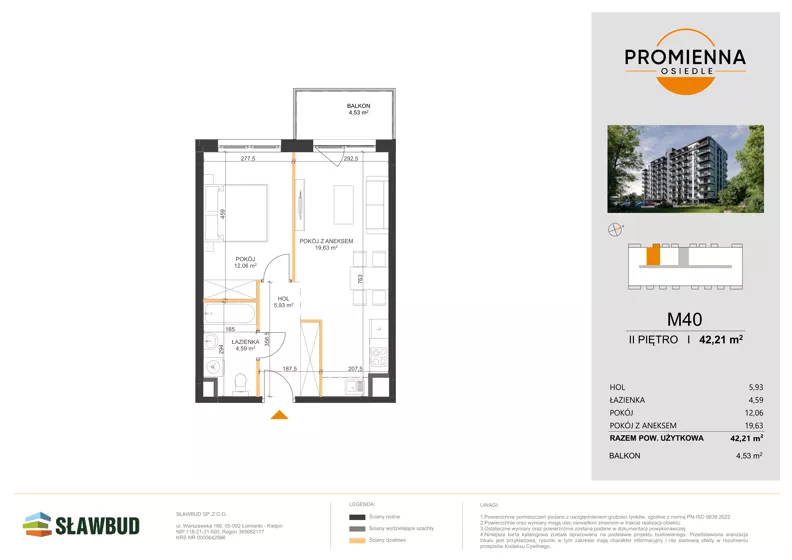 2 pokoje, mieszkanie 42,21 m², piętro 2, oferta nr 40, Osiedle Promienna, Marki,  ul. Słoneczna 1C