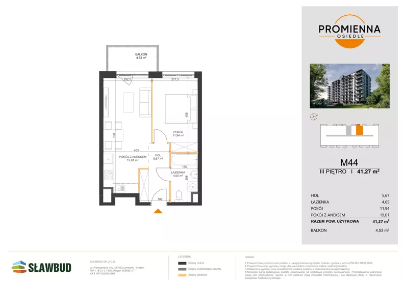 2 pokoje, mieszkanie 41,27 m², piętro 3, oferta nr 44, Osiedle Promienna, Marki,  ul. Słoneczna 1C