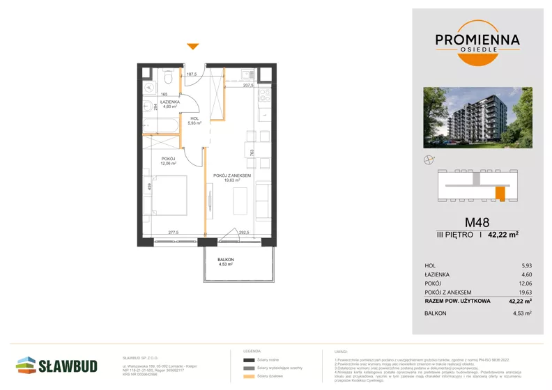 2 pokoje, mieszkanie 42,22 m², piętro 3, oferta nr 48, Osiedle Promienna, Marki,  ul. Słoneczna 1C