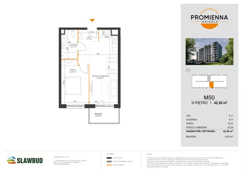 2 pokoje, mieszkanie 42,39 m², piętro 3, oferta nr 50, Osiedle Promienna, Marki,  ul. Słoneczna 1C