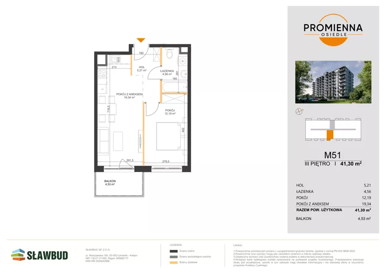 2 pokoje, mieszkanie 41,30 m², piętro 3, oferta nr 51, Osiedle Promienna, Marki,  ul. Słoneczna 1C
