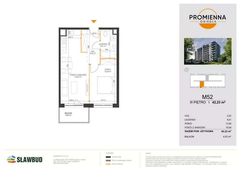 2 pokoje, mieszkanie 42,23 m², piętro 3, oferta nr 52, Osiedle Promienna, Marki,  ul. Słoneczna 1C