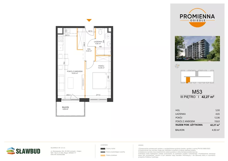 2 pokoje, mieszkanie 42,27 m², piętro 3, oferta nr 53, Osiedle Promienna, Marki,  ul. Słoneczna 1C