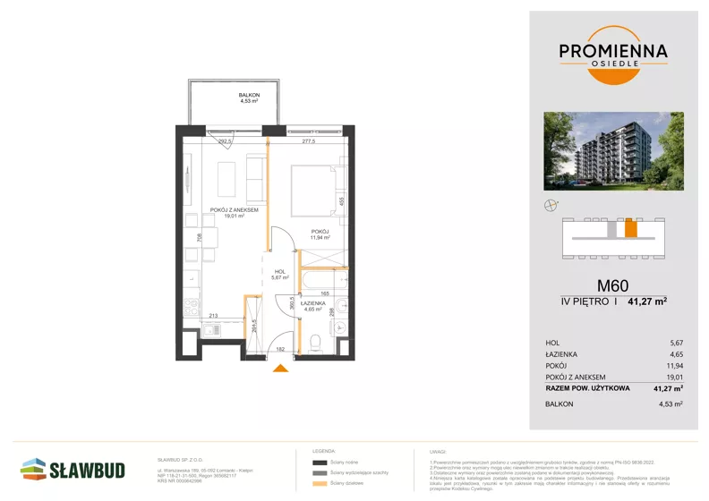 2 pokoje, mieszkanie 41,27 m², piętro 4, oferta nr 60, Osiedle Promienna, Marki,  ul. Słoneczna 1C