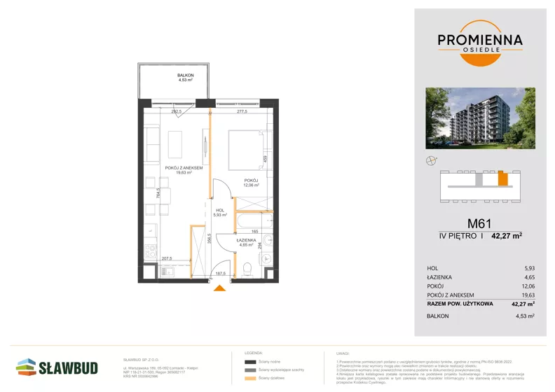 2 pokoje, mieszkanie 42,27 m², piętro 4, oferta nr 61, Osiedle Promienna, Marki,  ul. Słoneczna 1C