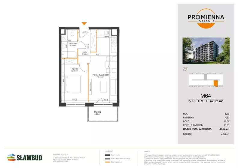 2 pokoje, mieszkanie 42,22 m², piętro 4, oferta nr 64, Osiedle Promienna, Marki,  ul. Słoneczna 1C