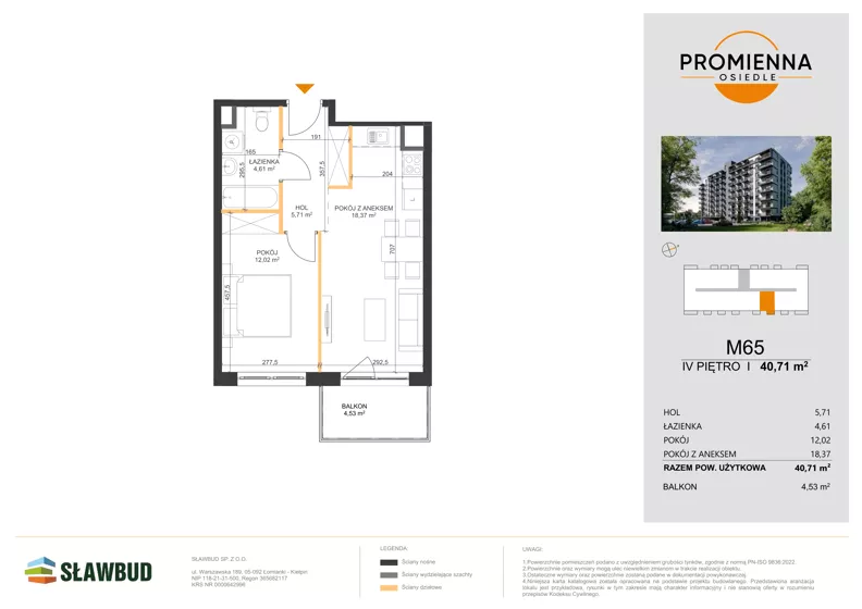2 pokoje, mieszkanie 40,71 m², piętro 4, oferta nr 65, Osiedle Promienna, Marki,  ul. Słoneczna 1C