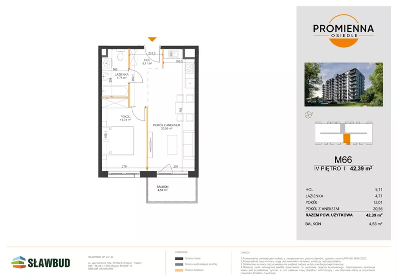 2 pokoje, mieszkanie 42,39 m², piętro 4, oferta nr 66, Osiedle Promienna, Marki,  ul. Słoneczna 1C