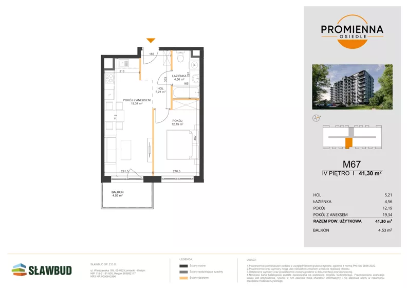 2 pokoje, mieszkanie 41,30 m², piętro 4, oferta nr 67, Osiedle Promienna, Marki,  ul. Słoneczna 1C