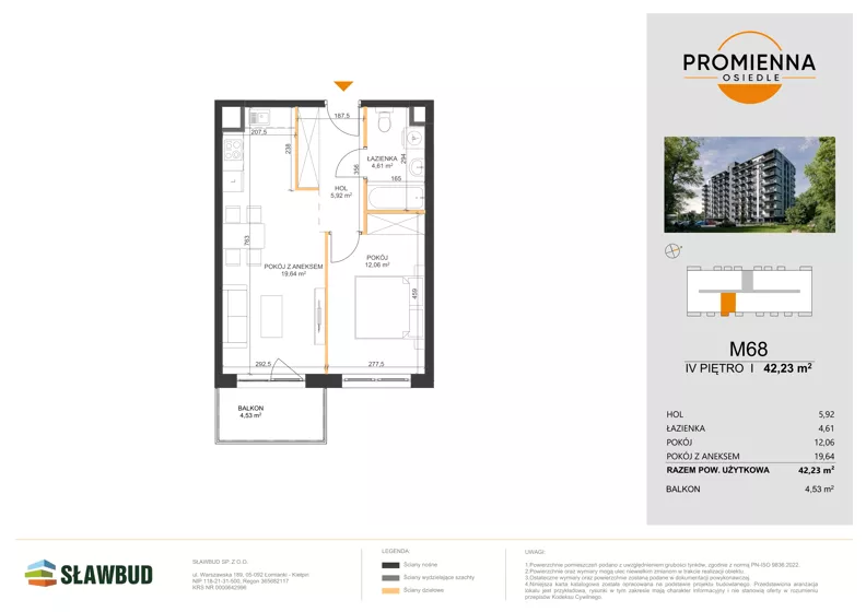 2 pokoje, mieszkanie 42,23 m², piętro 4, oferta nr 68, Osiedle Promienna, Marki,  ul. Słoneczna 1C