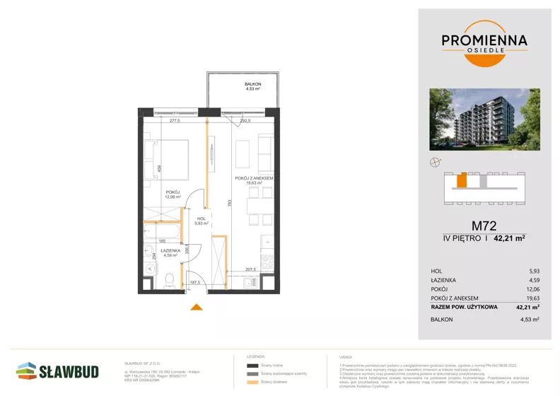 2 pokoje, mieszkanie 42,21 m², piętro 4, oferta nr 72, Osiedle Promienna, Marki,  ul. Słoneczna 1C