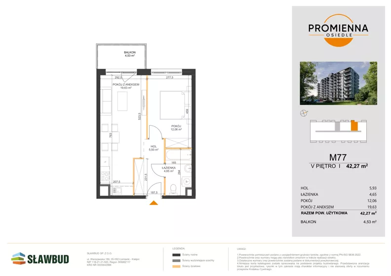 2 pokoje, mieszkanie 42,27 m², piętro 5, oferta nr 77, Osiedle Promienna, Marki,  ul. Słoneczna 1C