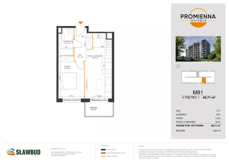 2 pokoje, mieszkanie 40,71 m², piętro 5, oferta nr 81, Osiedle Promienna, Marki,  ul. Słoneczna 1C
