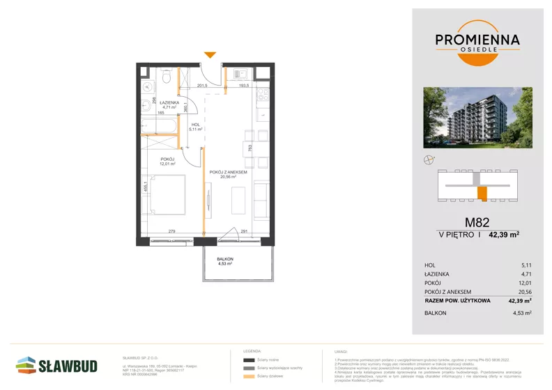 2 pokoje, mieszkanie 42,39 m², piętro 5, oferta nr 82, Osiedle Promienna, Marki,  ul. Słoneczna 1C