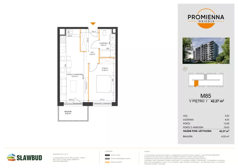 2 pokoje, mieszkanie 42,27 m², piętro 5, oferta nr 85, Osiedle Promienna, Marki,  ul. Słoneczna 1C