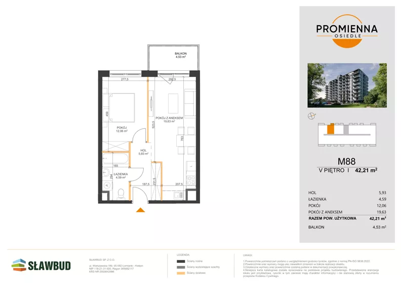 2 pokoje, mieszkanie 42,21 m², piętro 5, oferta nr 88, Osiedle Promienna, Marki,  ul. Słoneczna 1C