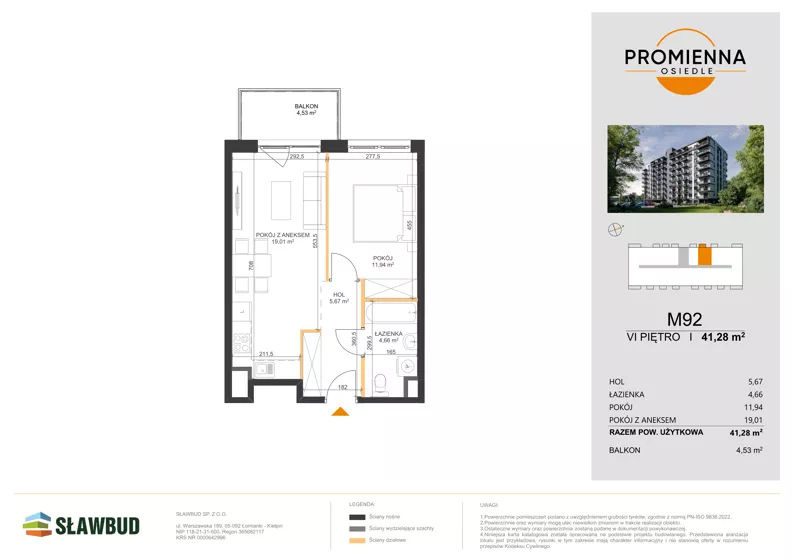 2 pokoje, mieszkanie 41,28 m², piętro 6, oferta nr 92, Osiedle Promienna, Marki,  ul. Słoneczna 1C
