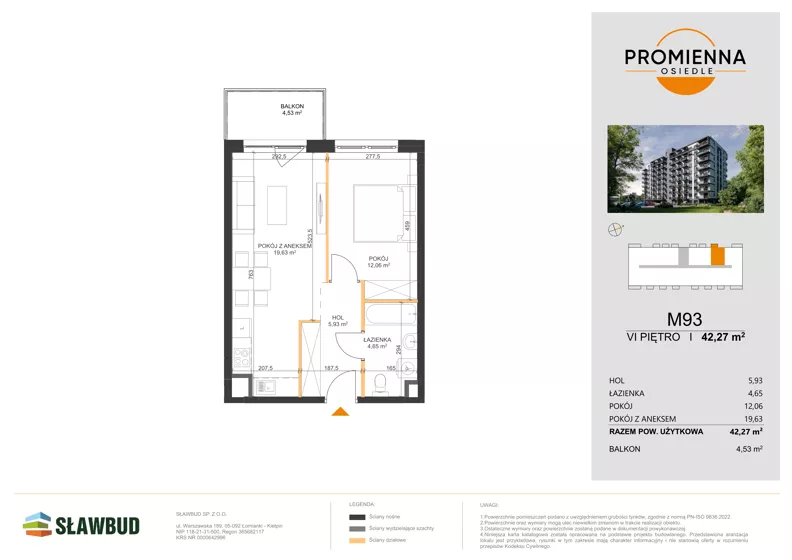 2 pokoje, mieszkanie 42,27 m², piętro 6, oferta nr 93, Osiedle Promienna, Marki,  ul. Słoneczna 1C