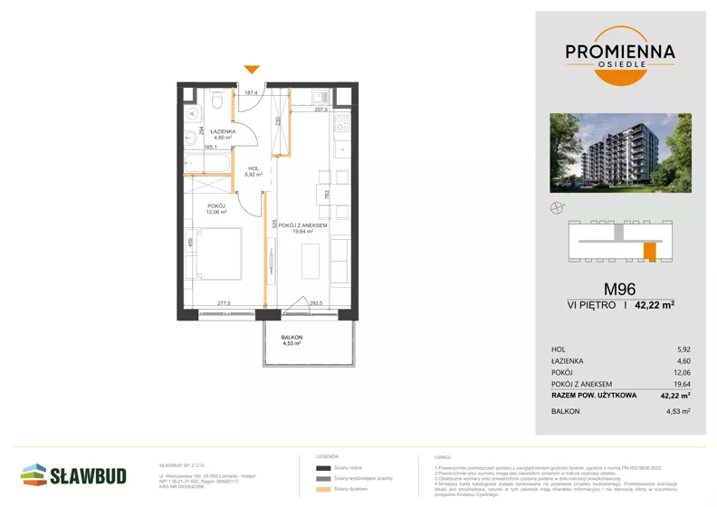 2 pokoje, mieszkanie 42,22 m², piętro 6, oferta nr 96, Osiedle Promienna, Marki,  ul. Słoneczna 1C