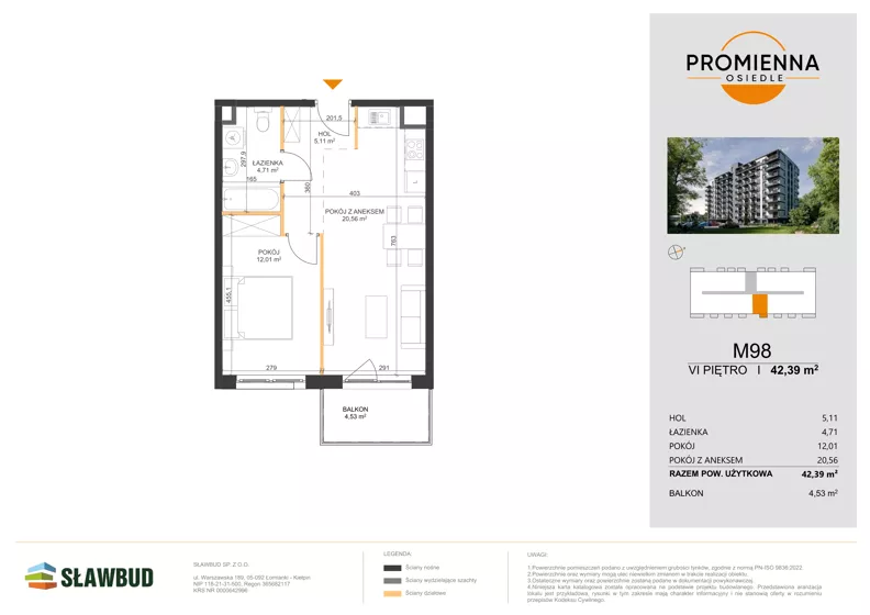 2 pokoje, mieszkanie 42,39 m², piętro 6, oferta nr 98, Osiedle Promienna, Marki,  ul. Słoneczna 1C