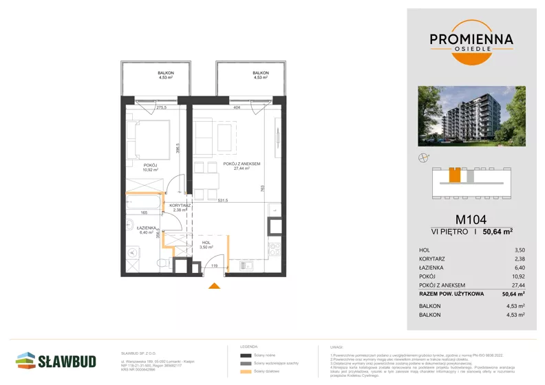 2 pokoje, mieszkanie 50,64 m², piętro 6, oferta nr 104, Osiedle Promienna, Marki,  ul. Słoneczna 1C