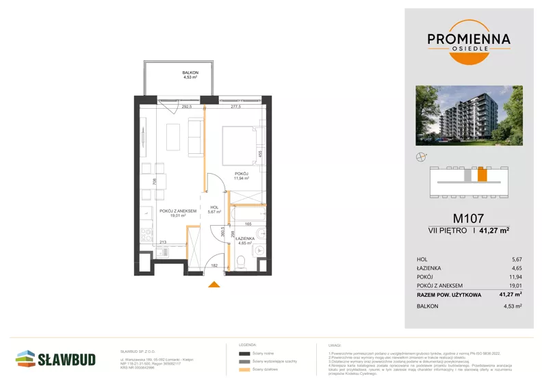 2 pokoje, mieszkanie 41,27 m², piętro 7, oferta nr 107, Osiedle Promienna, Marki,  ul. Słoneczna 1C