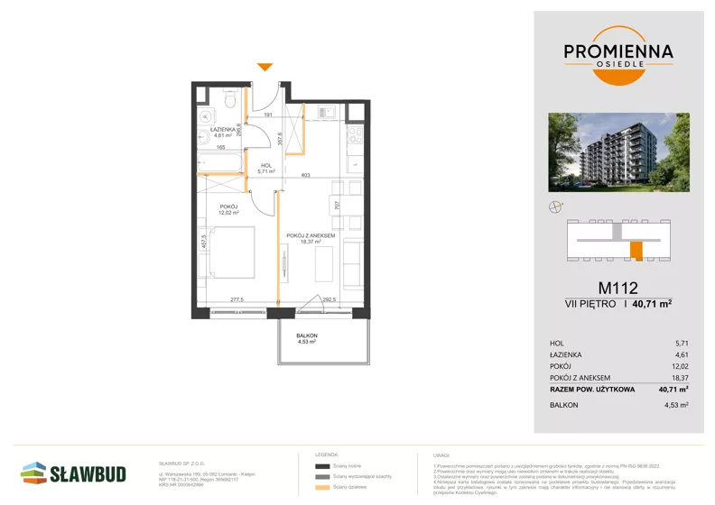 2 pokoje, mieszkanie 40,71 m², piętro 7, oferta nr 112, Osiedle Promienna, Marki,  ul. Słoneczna 1C