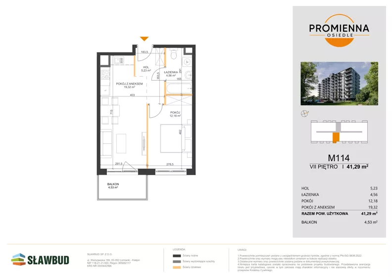 2 pokoje, mieszkanie 41,29 m², piętro 7, oferta nr 114, Osiedle Promienna, Marki,  ul. Słoneczna 1C