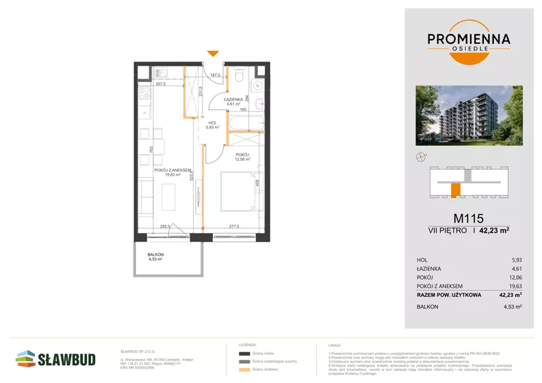 2 pokoje, mieszkanie 42,23 m², piętro 7, oferta nr 115, Osiedle Promienna, Marki,  ul. Słoneczna 1C